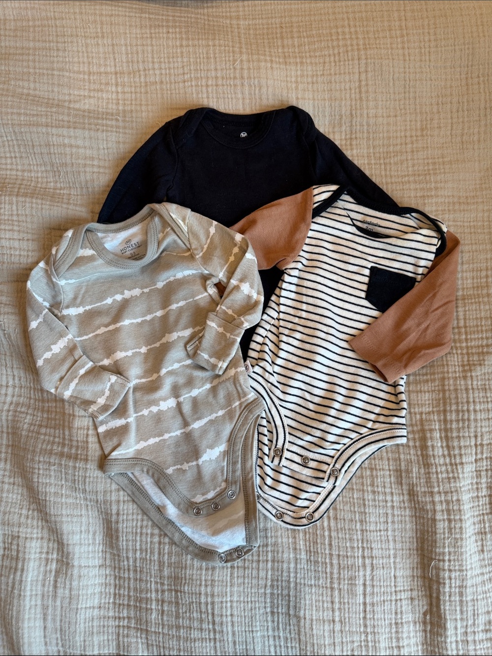 Black, Tan, Cream 3-Pack Long-Sleeve Baby One-Pieces